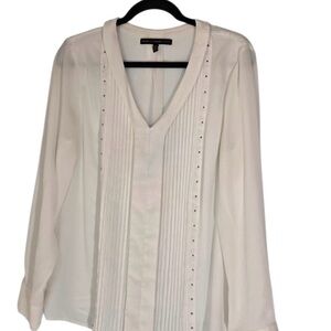 White House Black Market Cream V‑Neck Pleated Blouse with Stud Trim